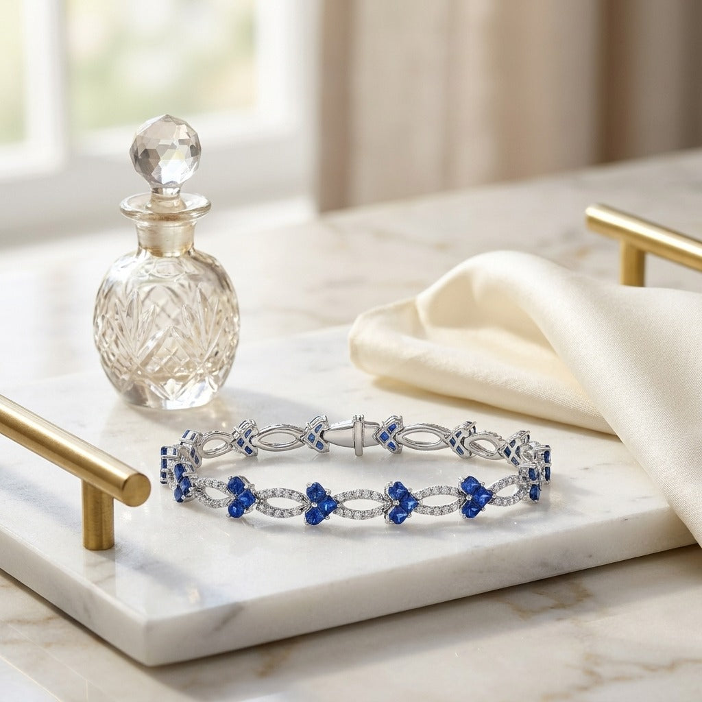 Sapphire And Diamond Composite Heart Link Bracelet In 14k White Gold — marble silk