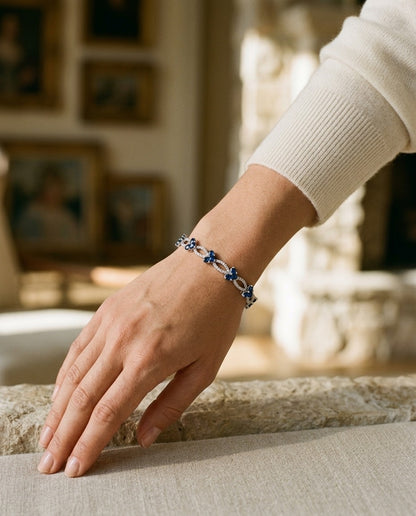 Sapphire And Diamond Composite Heart Link Bracelet In 14k White Gold — portrait close