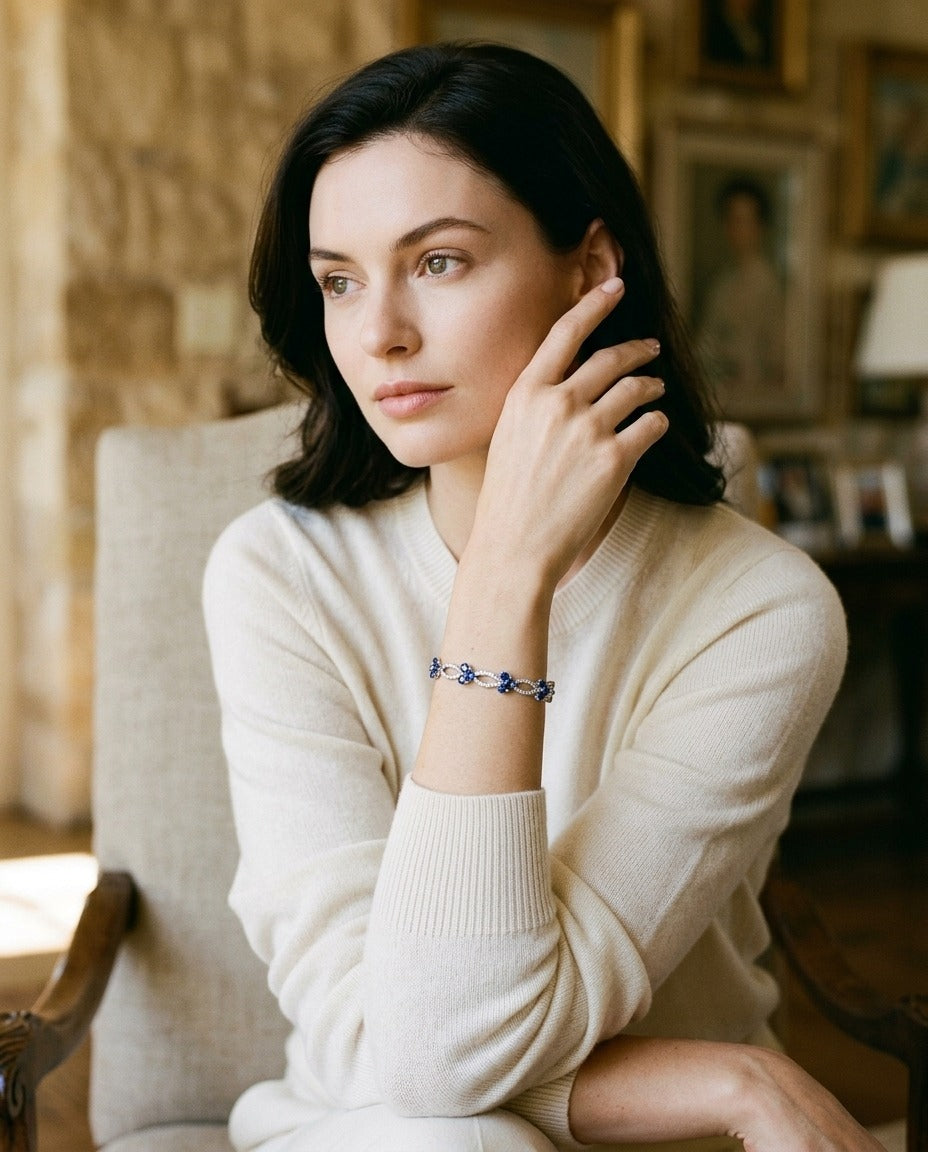 Sapphire And Diamond Composite Heart Link Bracelet In 14k White Gold — portrait full