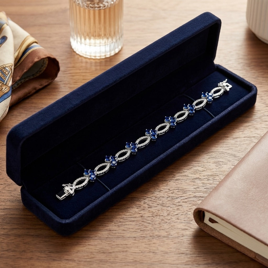Sapphire And Diamond Composite Heart Link Bracelet In 14k White Gold — velvet box
