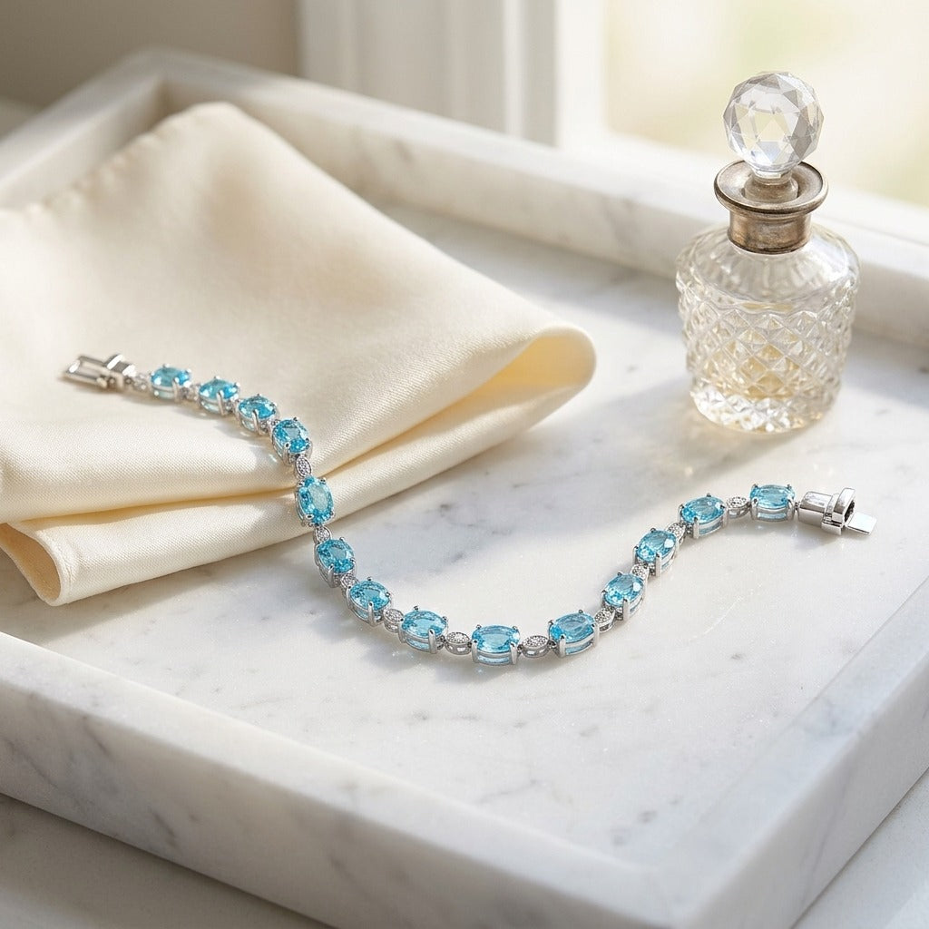 Blue Topaz Oval Half-Bezel and Diamond Pave East-West Bracelet in 14k White Gold (6x4mm) — marble silk