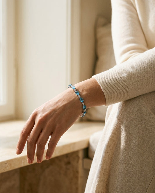 Blue Topaz Oval Half-Bezel and Diamond Pave East-West Bracelet in 14k White Gold (6x4mm) — portrait close