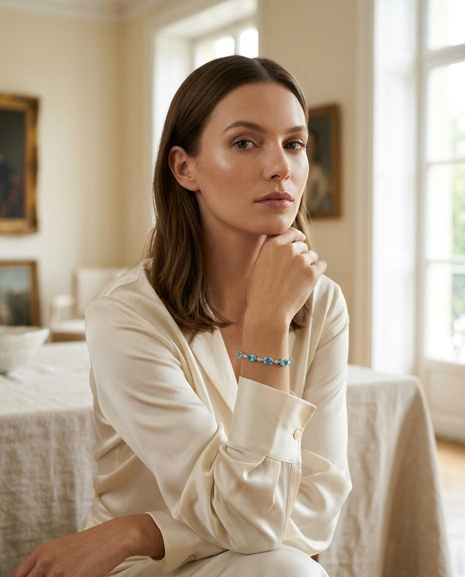 Blue Topaz Oval Half-Bezel and Diamond Pave East-West Bracelet in 14k White Gold (6x4mm) — portrait full