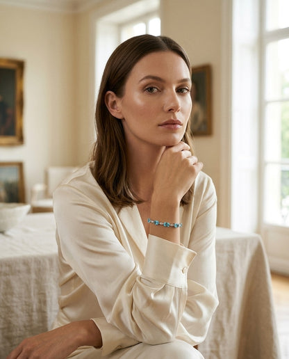 Blue Topaz Oval Half-Bezel and Diamond Pave East-West Bracelet in 14k White Gold (6x4mm) — portrait full