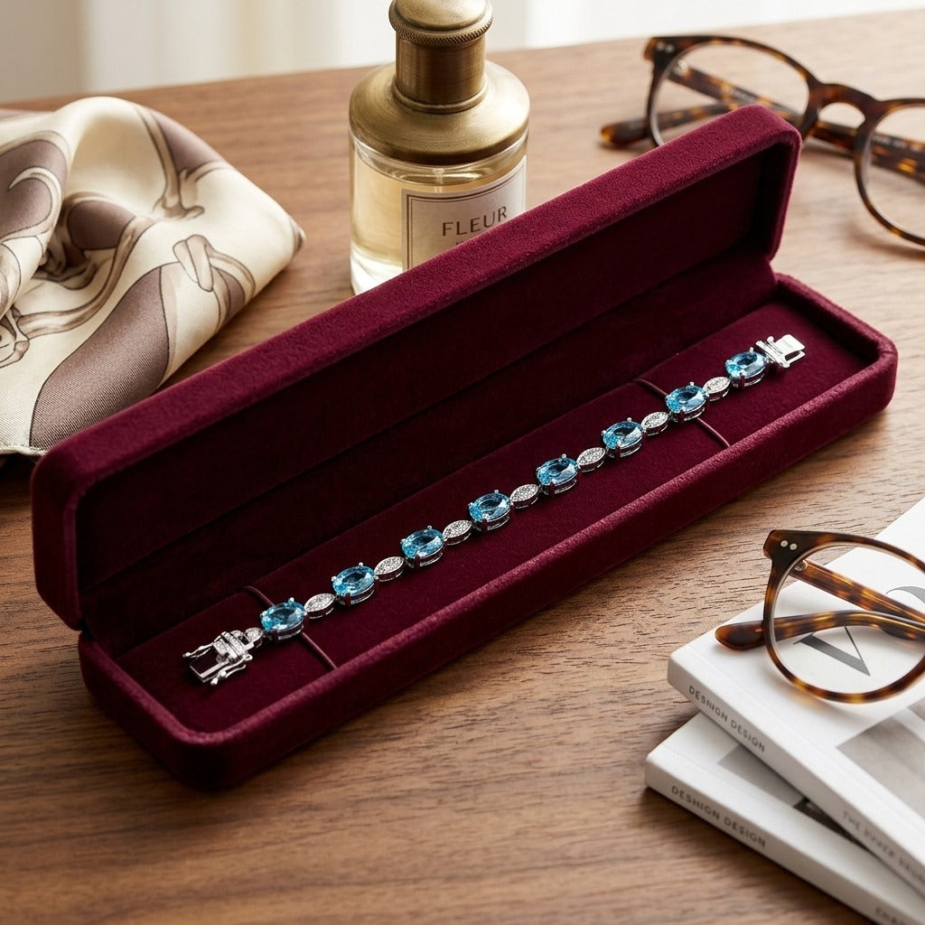 Blue Topaz Oval Half-Bezel and Diamond Pave East-West Bracelet in 14k White Gold (6x4mm) — velvet box