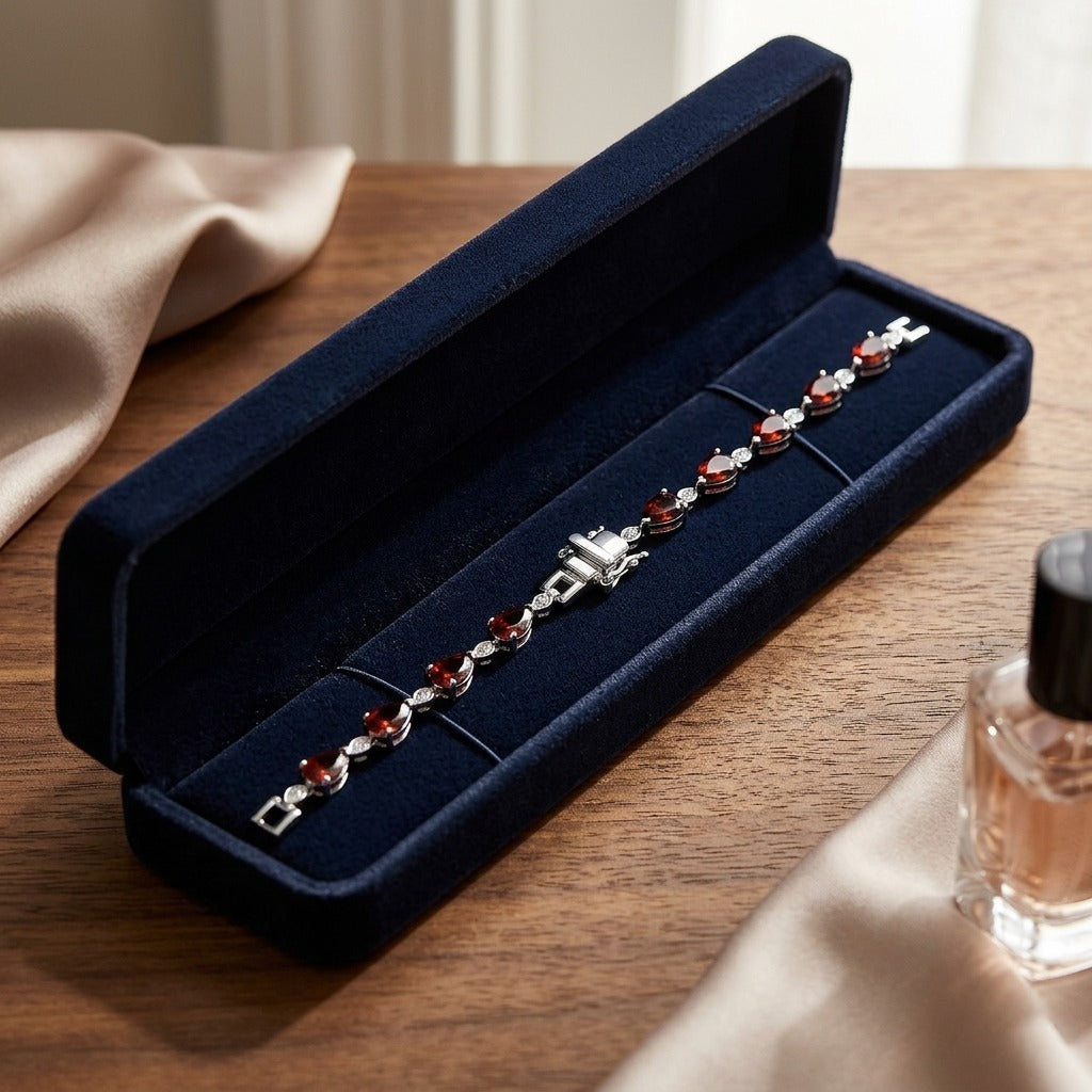 Garnet Pear-Shape and Diamond Pave East-West Bracelet in 14k White Gold (6x4mm) — velvet box