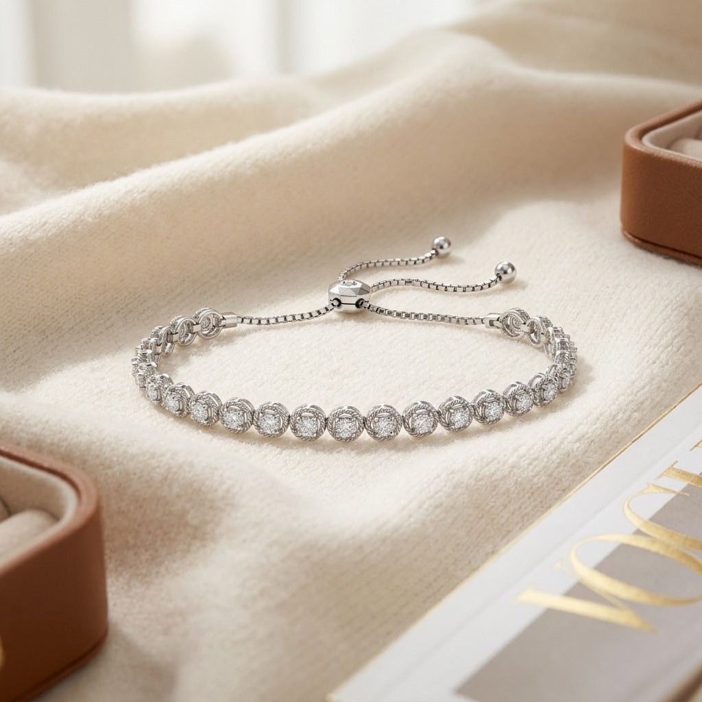 Diamond Round Links Bracelet in 14k White Gold 2-1/6ctw — textile flat lay