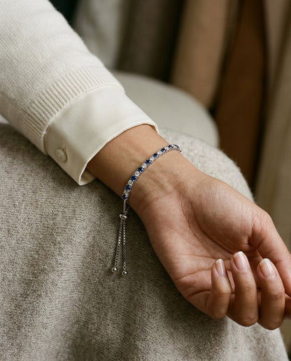 Alternating Sapphire and Diamond Bolo Bracelet in 14k White Gold 2-1/8ctw — editorial close-up