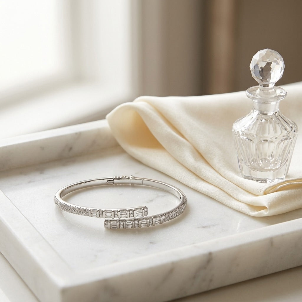 Diamond Baguette and Round Channel Overlap Bangle in 14k White Gold 1-5/8ctw — marble silk