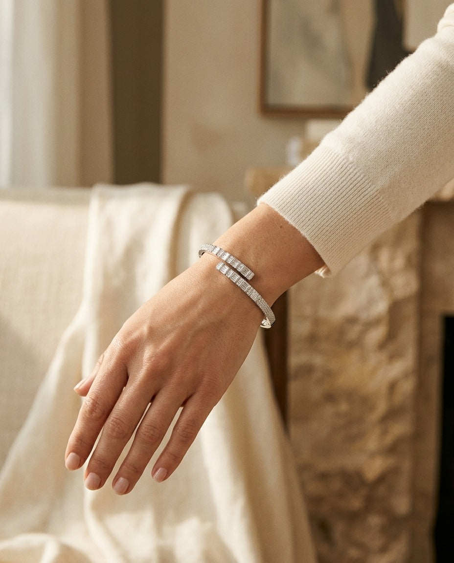Diamond Baguette and Round Channel Overlap Bangle in 14k White Gold 1-5/8ctw — portrait close