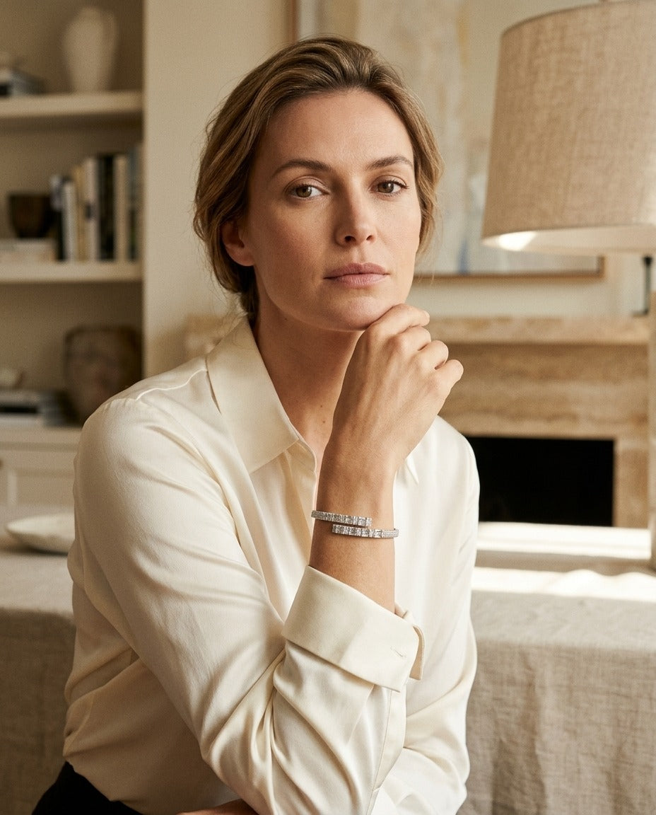 Diamond Baguette and Round Channel Overlap Bangle in 14k White Gold 1-5/8ctw — portrait full