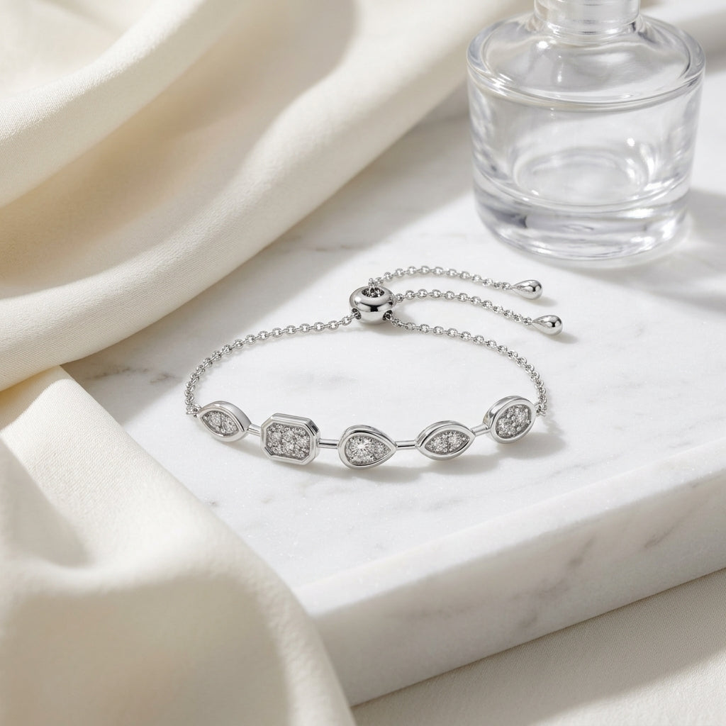 Diamond Geometric Section Bracelet 0.55ctw with Adjustable Draw String Closure 9 Inch Length in 14K White Gold - lifestyle