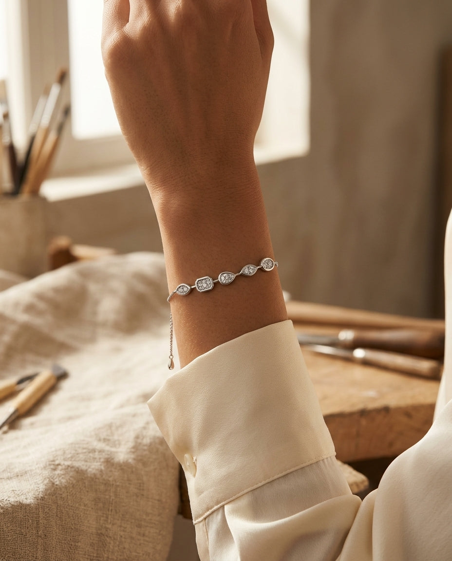 Diamond Geometric Section Bracelet 0.55ctw with Adjustable Draw String Closure 9 Inch Length in 14K White Gold - editorial hero