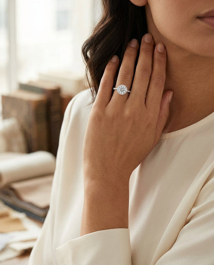 1 1/3ctw Round Diamond Halo Engagement Ring With Pave Shank In 14k White Gold, Igi-certified — editorial close-up