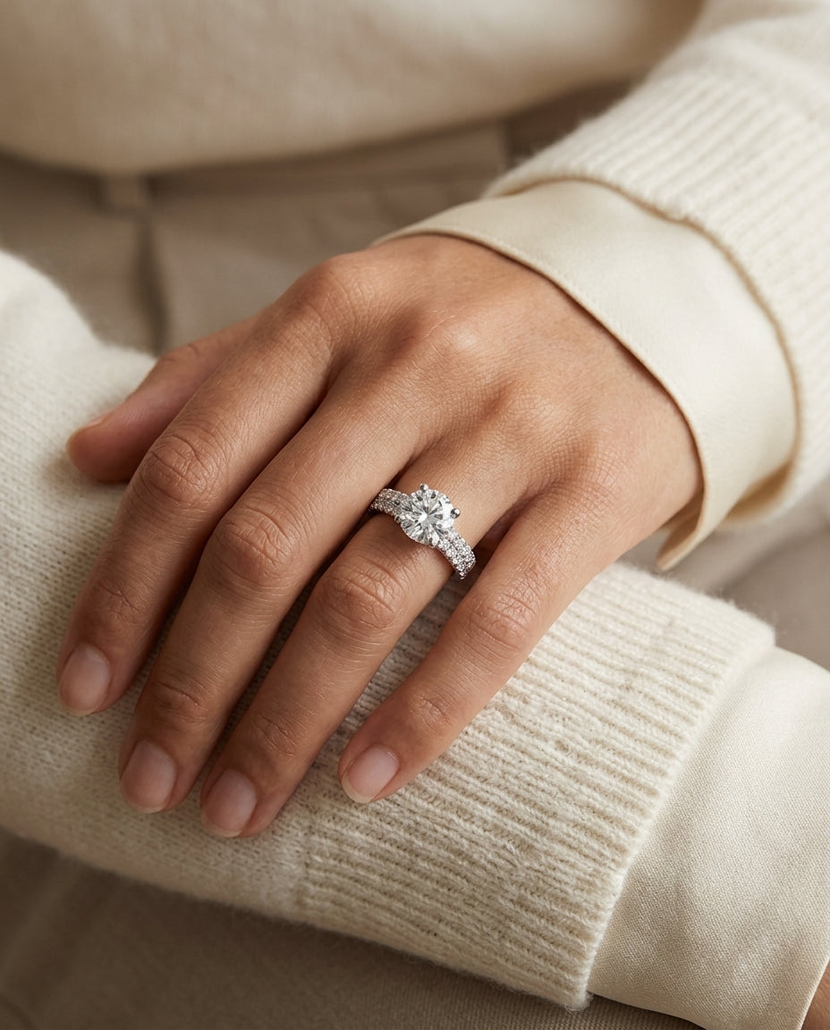 1 1/4ctw Round Diamond Double Row Engagement Ring With Micro U Set Pave In 14k White Gold, Igi-certified — editorial close-up
