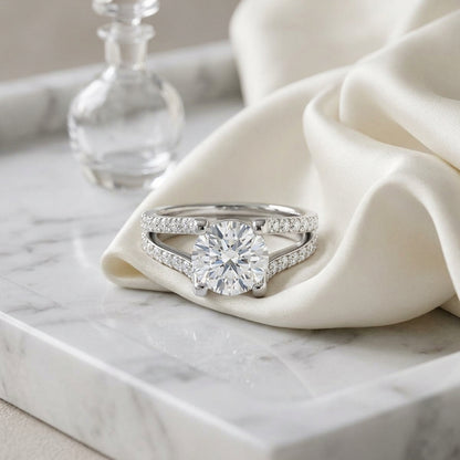 1 1/2ctw Round Diamond Engagement Ring With Pave Split Shank In 14k White Gold, Igi-certified — atelier still life