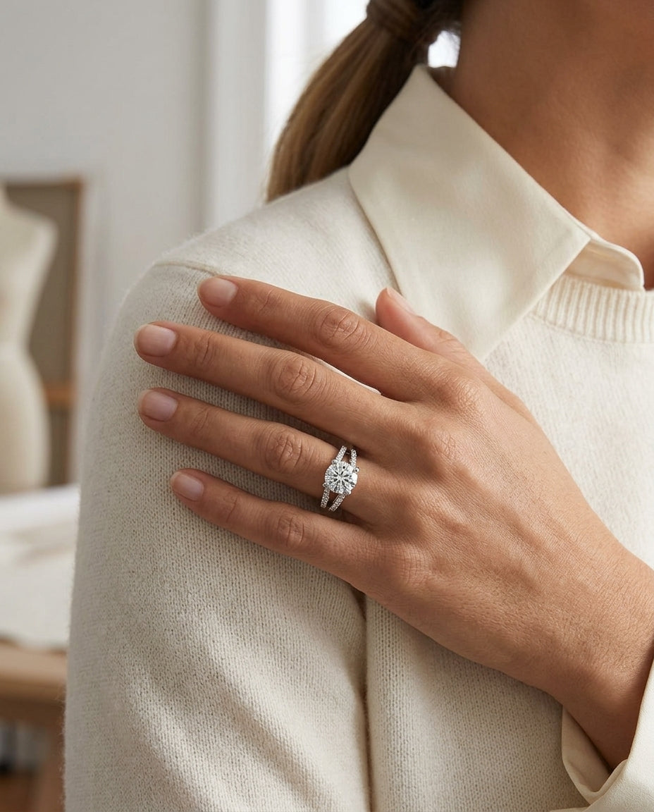 1 1/2ctw Round Diamond Engagement Ring With Pave Split Shank In 14k White Gold, Igi-certified — editorial close-up
