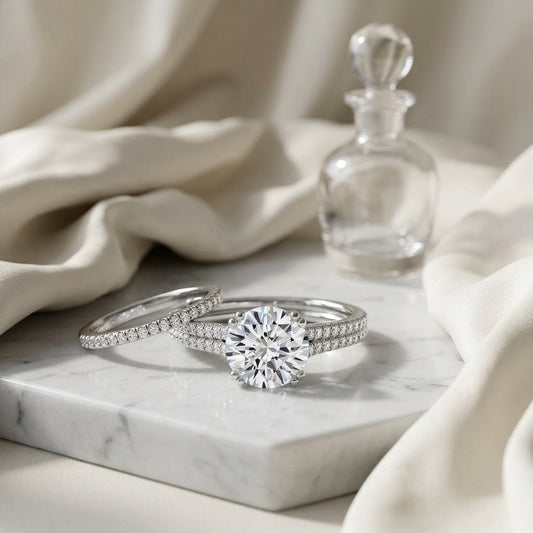 1 1/5ctw Round Diamond 2 Row Engagement Ring With Double Prong Cathedral Setting In 14k White Gold, Igi-certified — atelier still life