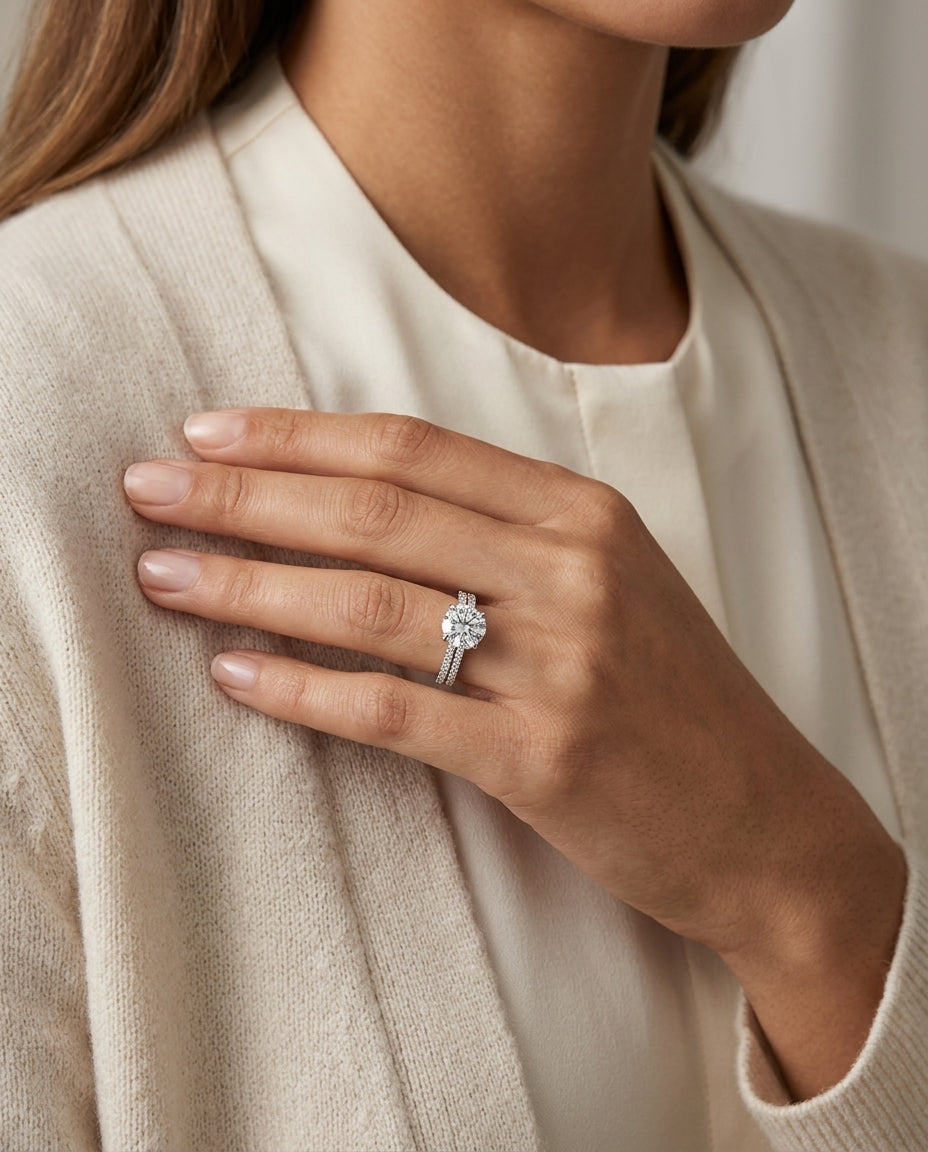 1 1/5ctw Round Diamond 2 Row Engagement Ring With Double Prong Cathedral Setting In 14k White Gold, Igi-certified — editorial close-up