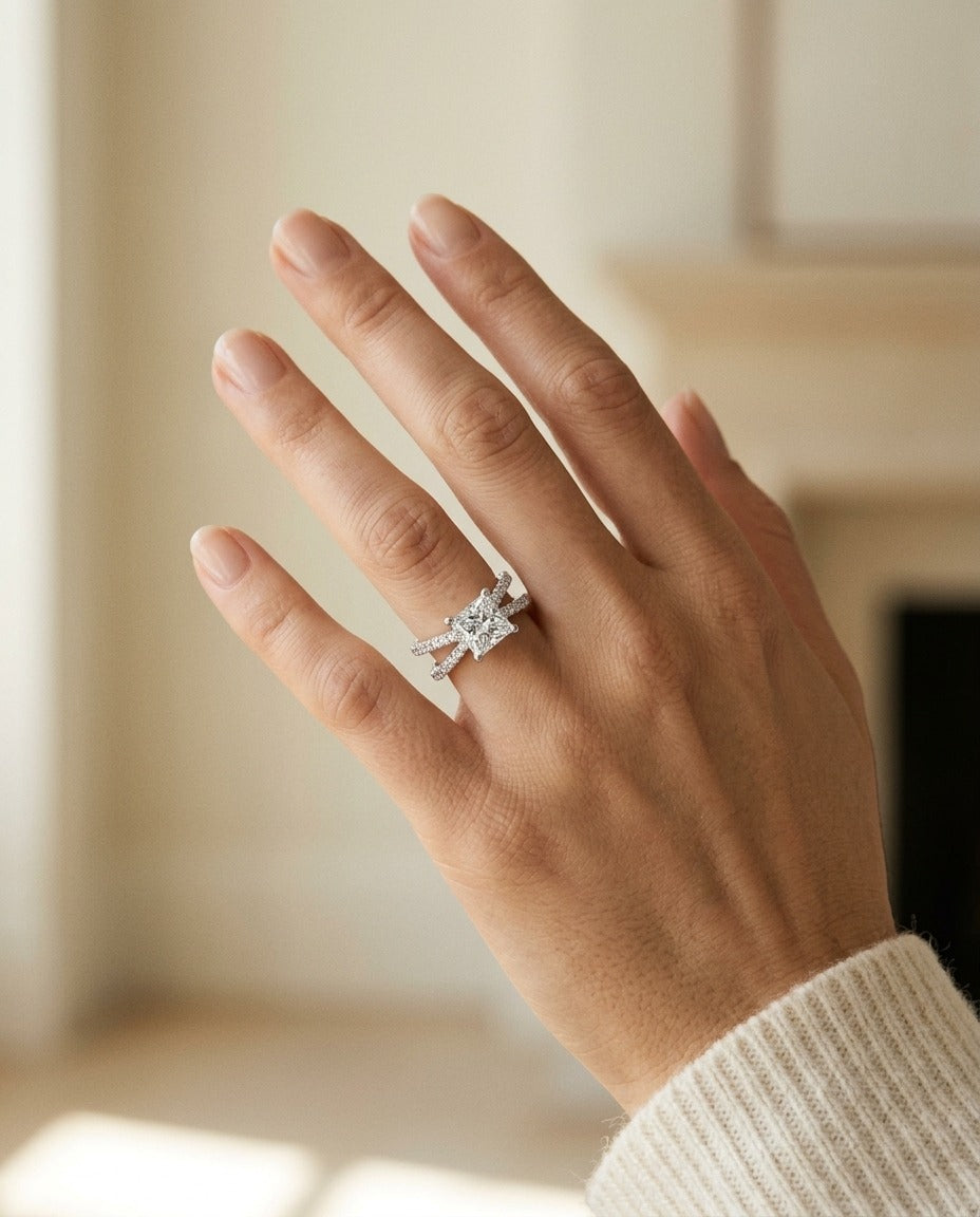 2 1/4CTW PRINCESS CUT DIAMOND ENGAGEMENT RING WITH CROSSOVER PAVE SHANK IN 14K WHITE GOLD, IGI-CERTIFIED Size 8 — portrait close