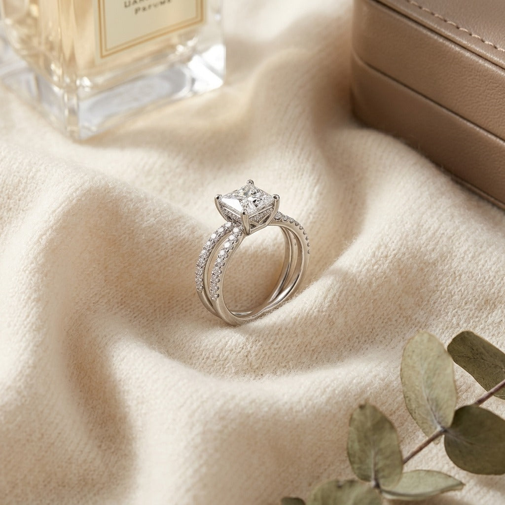 2 1/4CTW PRINCESS CUT DIAMOND ENGAGEMENT RING WITH CROSSOVER PAVE SHANK IN 14K WHITE GOLD, IGI-CERTIFIED Size 8 — textile flat lay