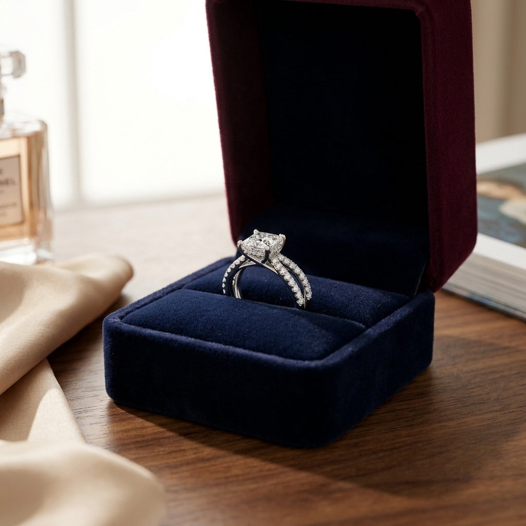 2 1/4CTW PRINCESS CUT DIAMOND ENGAGEMENT RING WITH CROSSOVER PAVE SHANK IN 14K WHITE GOLD, IGI-CERTIFIED Size 8 — velvet box