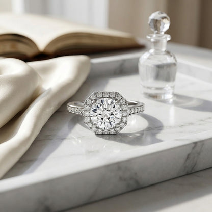 1 1/3ctw Round Diamond Engagement Ring With Octagon Halo Frame And Pave Shank In 14k White Gold, Igi-certified — atelier still life