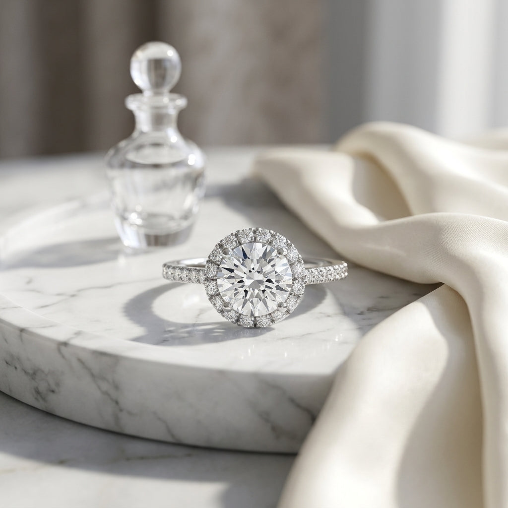 1 3/8ctw Round Diamond Halo Engagement Ring With Petite Pave Shank In 14k White Gold, Igi-certified — atelier still life