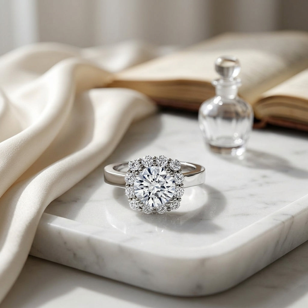 1 3/8ctw Round Diamond Halo Engagement Ring In 14k White Gold, Igi-certified — atelier still life