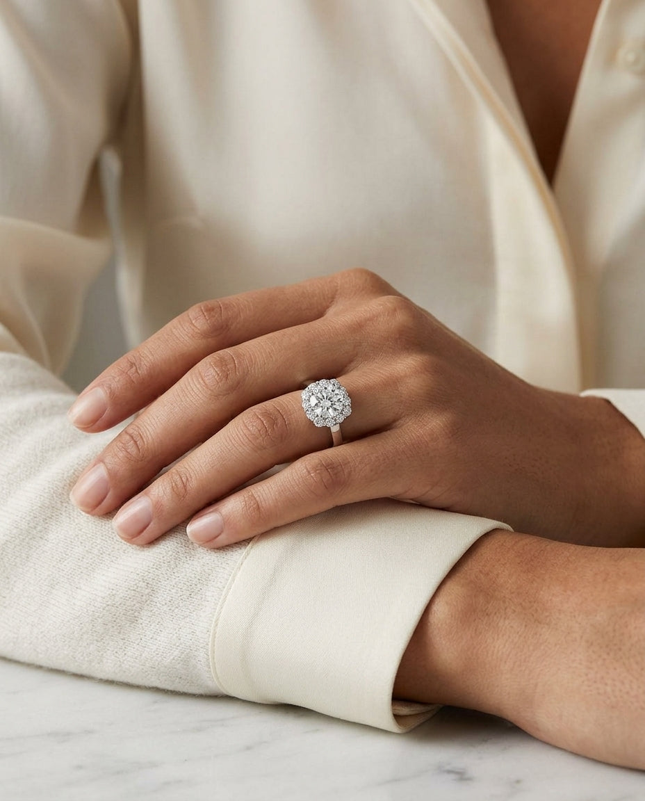 1 3/8ctw Round Diamond Halo Engagement Ring In 14k White Gold, Igi-certified — editorial close-up