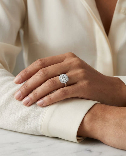 1 3/8ctw Round Diamond Halo Engagement Ring In 14k White Gold, Igi-certified — editorial close-up