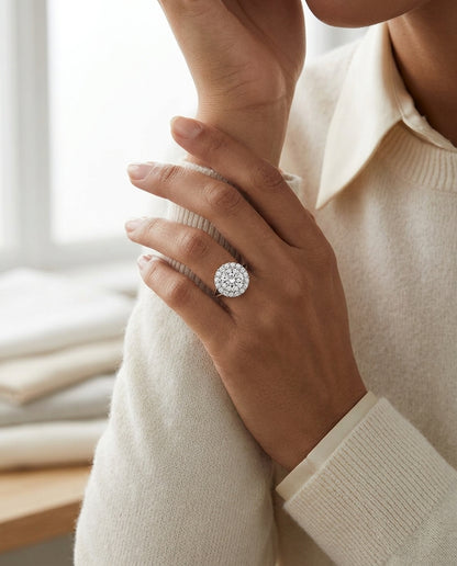 1 4/5ctw Round Diamond Prong-set Halo Engagement Ring In 14k White Gold, Igi-certified — editorial close-up