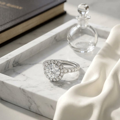 1 2/3ctw Round Diamond Halo Engagement Ring With Graduated Shank In 14k White Gold, Igi-certified — atelier still life