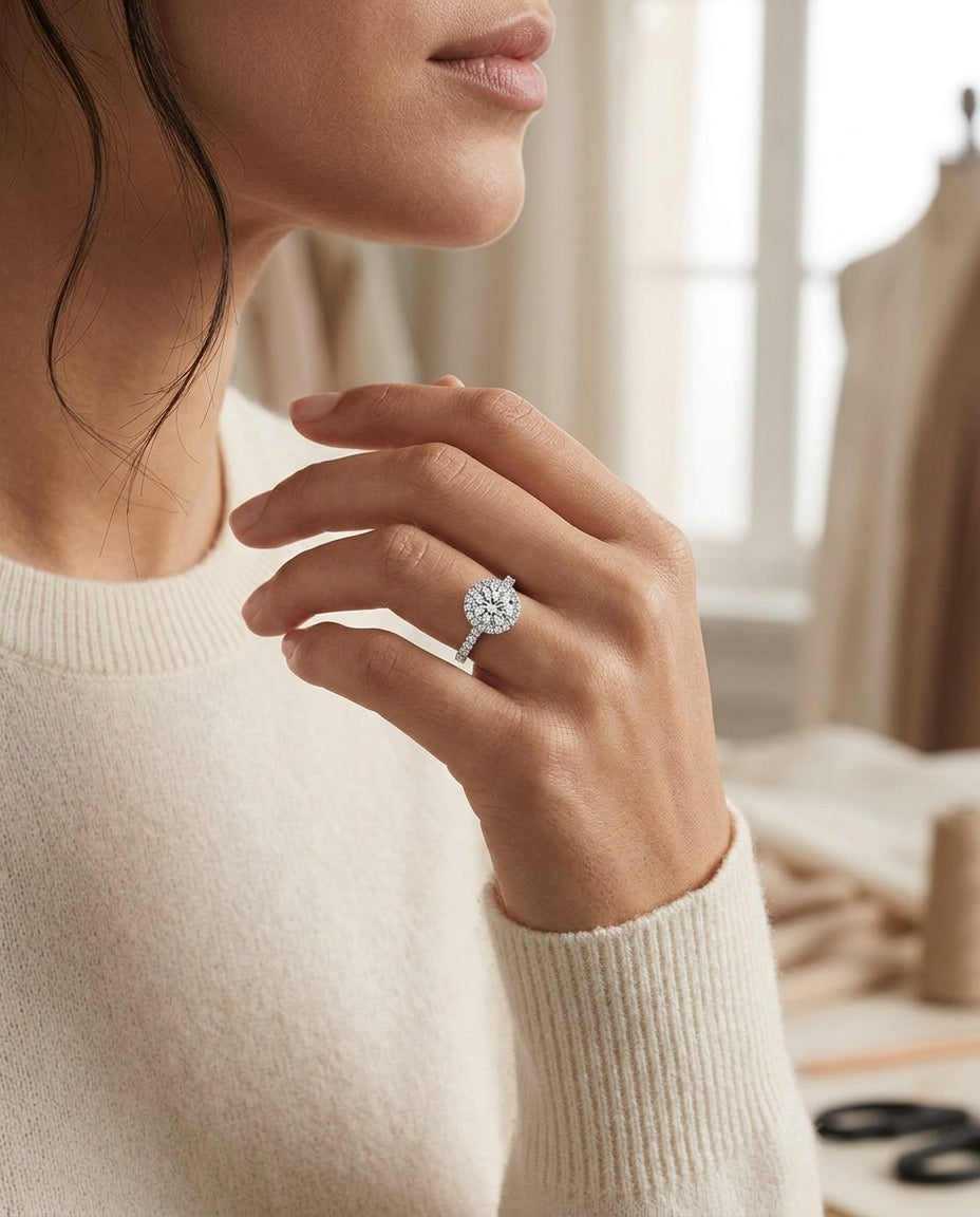 1 2/3ctw Round Diamond Halo Engagement Ring With Graduated Shank In 14k White Gold, Igi-certified — editorial close-up