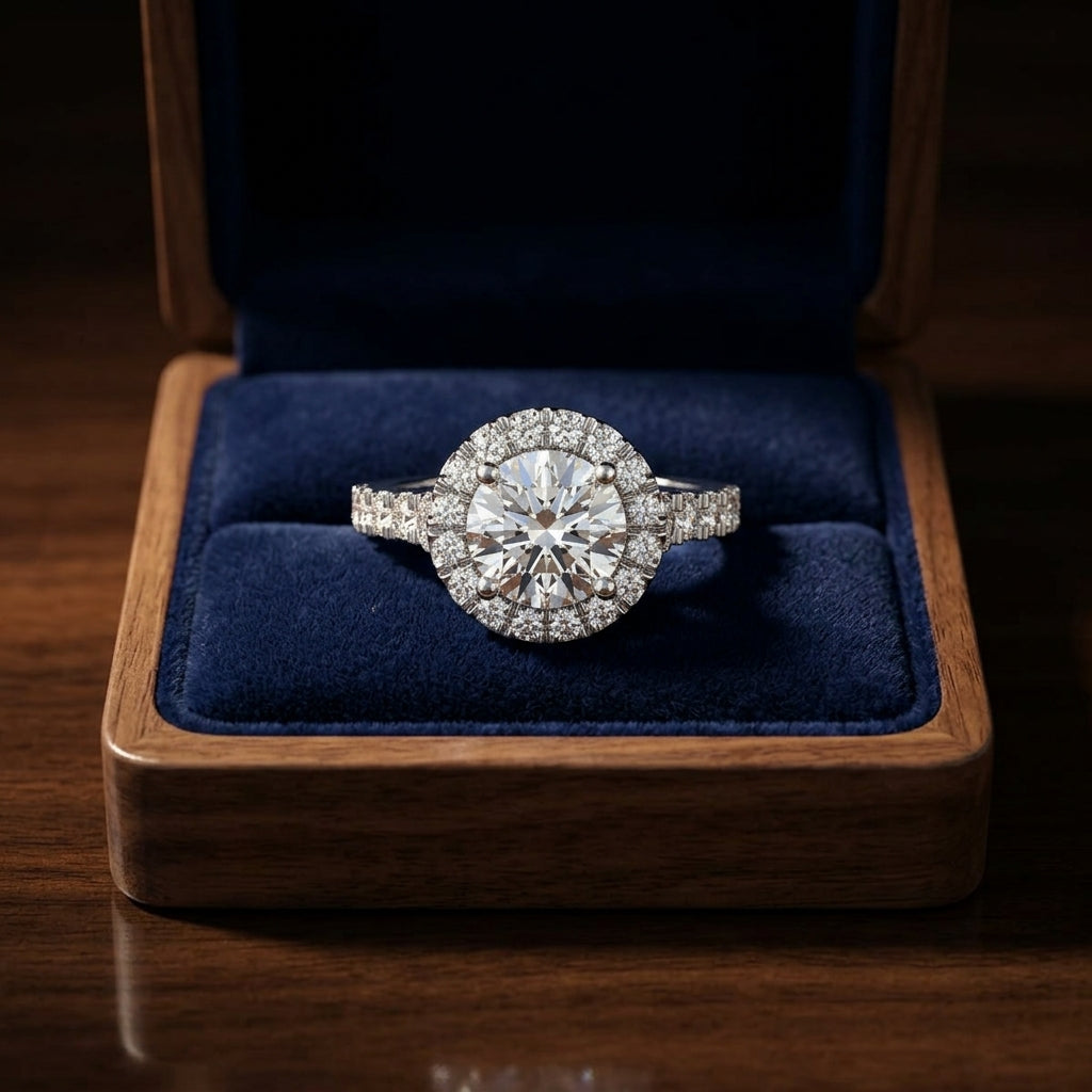 1 2/3ctw Round Diamond Halo Engagement Ring With Graduated Shank In 14k White Gold, Igi-certified — gift presentation
