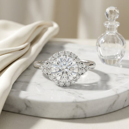 1 1/4ctw Round Diamond Halo Engagement Ring With Scroll Gallery In 14k White Gold, Igi-certified — atelier still life
