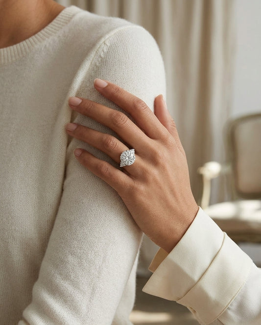 1 1/4ctw Round Diamond Halo Engagement Ring With Scroll Gallery In 14k White Gold, Igi-certified — editorial close-up