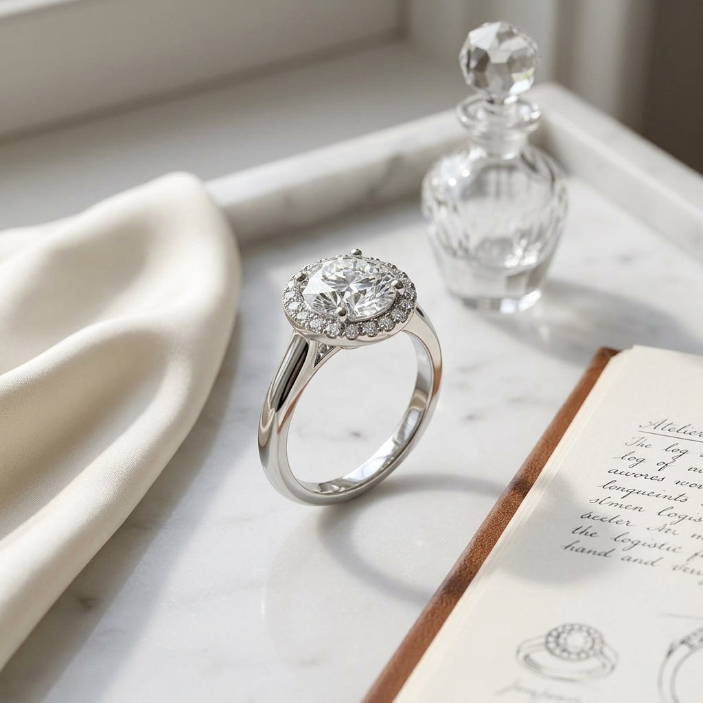 1 1/5ctw Round Diamond Classic Halo Engagement Ring In 14k White Gold, Igi-certified — atelier still life