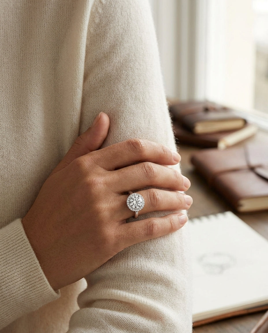 1 1/5ctw Round Diamond Classic Halo Engagement Ring In 14k White Gold, Igi-certified — editorial close-up