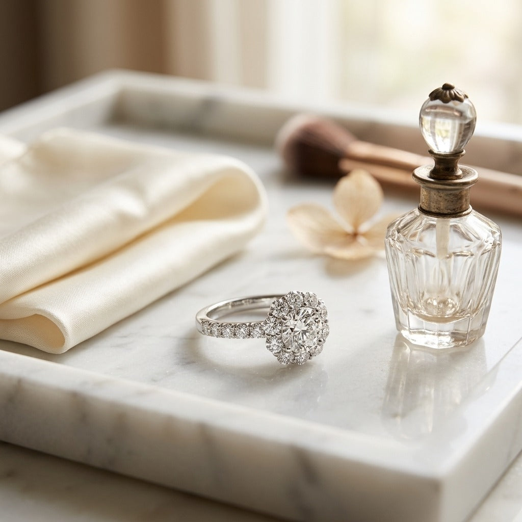 Diamond Cushion Shared-Prong Halo Engagement Ring with Pave Shank in 14k White Gold — marble silk
