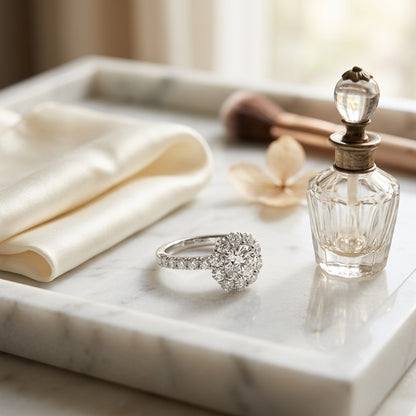 Diamond Cushion Shared-Prong Halo Engagement Ring with Pave Shank in 14k White Gold — marble silk