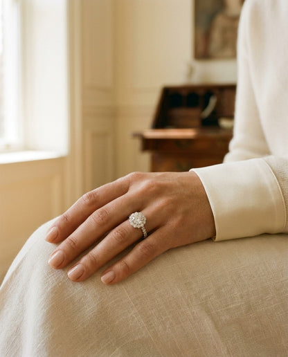 Diamond Cushion Shared-Prong Halo Engagement Ring with Pave Shank in 14k White Gold — portrait close