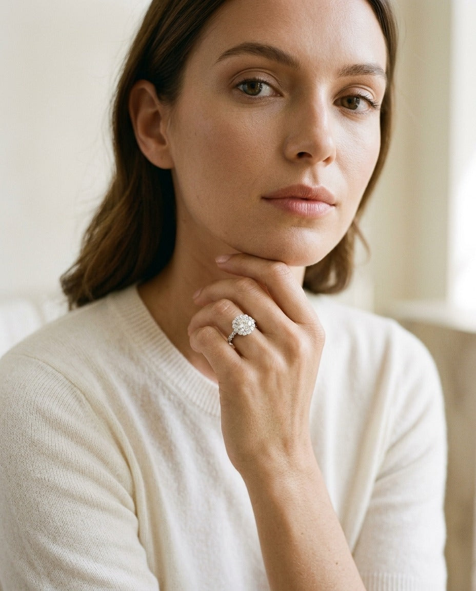 Diamond Cushion Shared-Prong Halo Engagement Ring with Pave Shank in 14k White Gold — portrait full