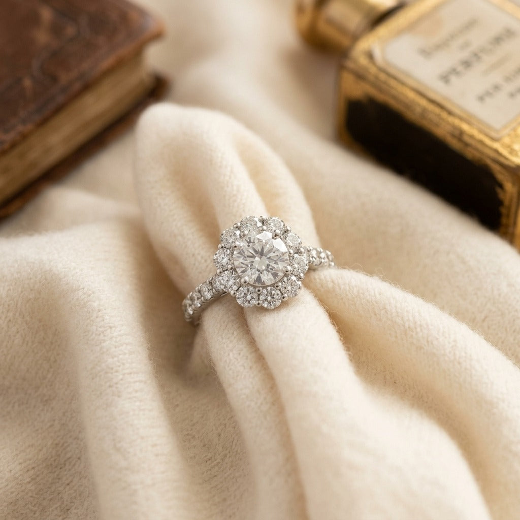 Diamond Cushion Shared-Prong Halo Engagement Ring with Pave Shank in 14k White Gold — textile flat lay