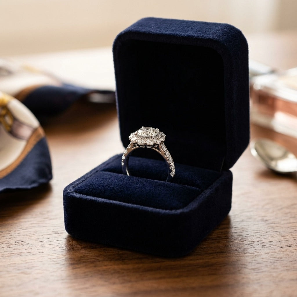Diamond Cushion Shared-Prong Halo Engagement Ring with Pave Shank in 14k White Gold — velvet box