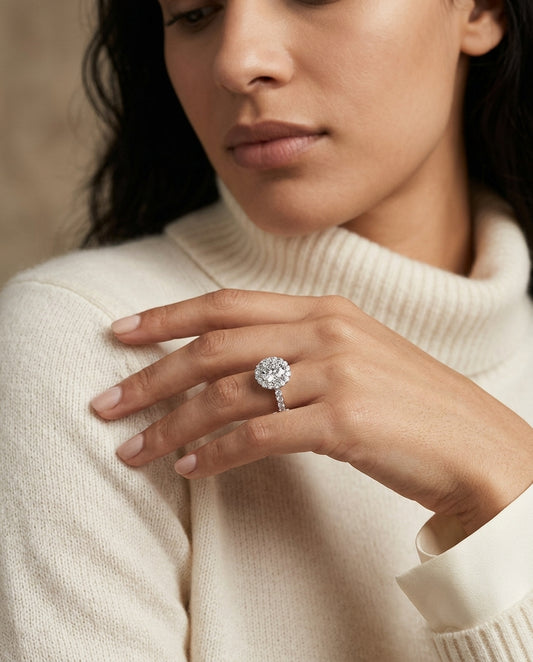 2 1/16ctw Round Diamond Halo Engagement Ring With Pave Shank In 14k White Gold, Igi-certified — editorial close-up