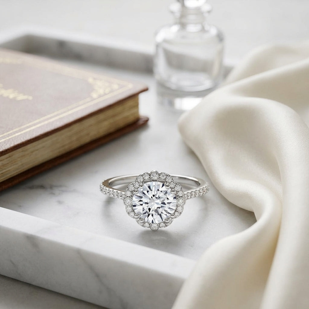 1 1/4ctw Round Diamond Scalloped Halo Engagement Ring With Graduated Shank In 14k White Gold, Igi-certified — atelier still life