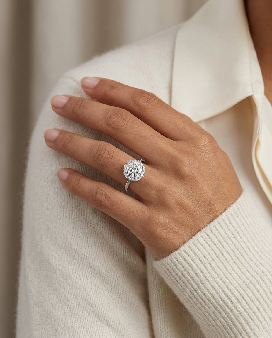 1 1/4ctw Round Diamond Scalloped Halo Engagement Ring With Graduated Shank In 14k White Gold, Igi-certified — editorial close-up