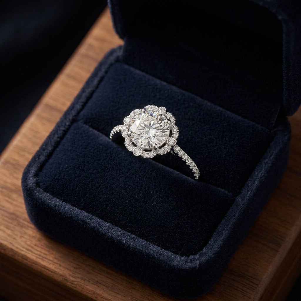 1 1/4ctw Round Diamond Scalloped Halo Engagement Ring With Graduated Shank In 14k White Gold, Igi-certified — gift presentation