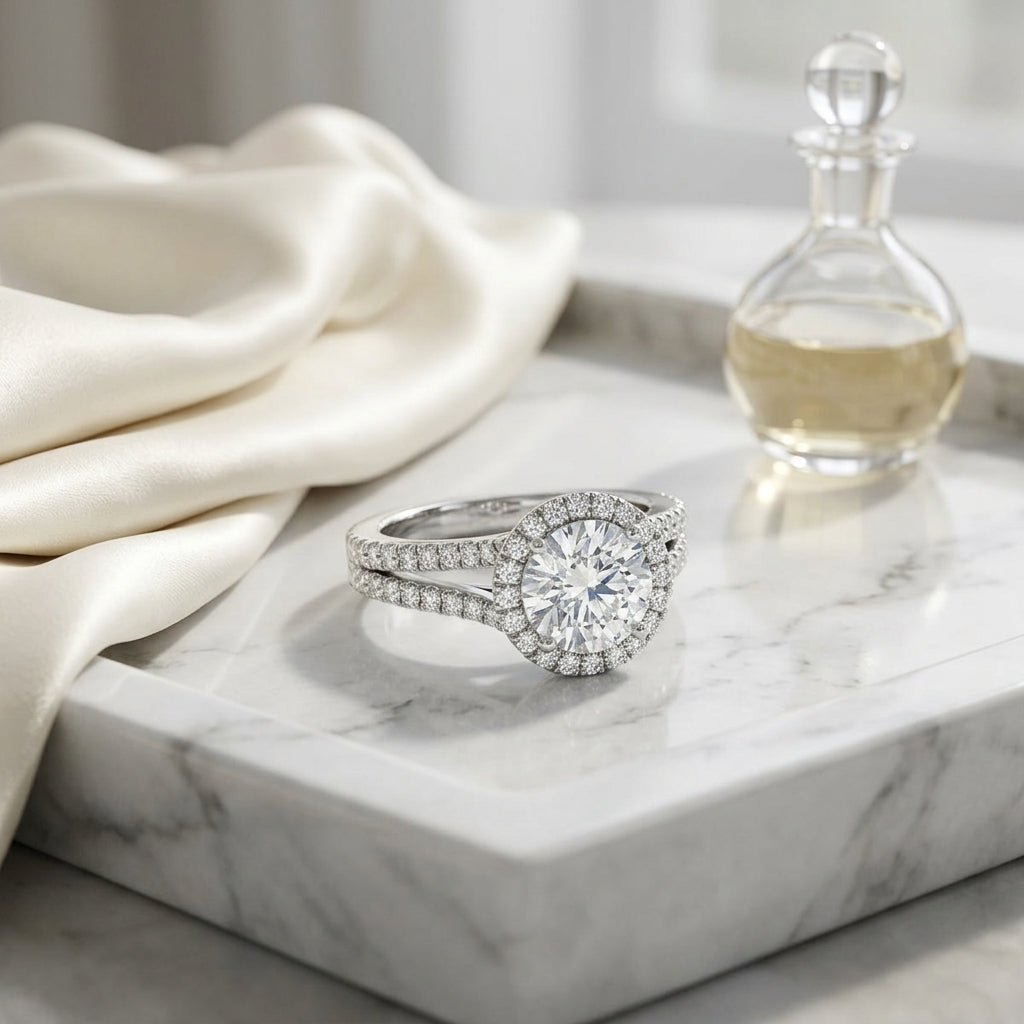 1 3/8ctw Round Diamond Halo Engagement Ring With Pave Split Shank In 14k White Gold, Igi-certified — atelier still life